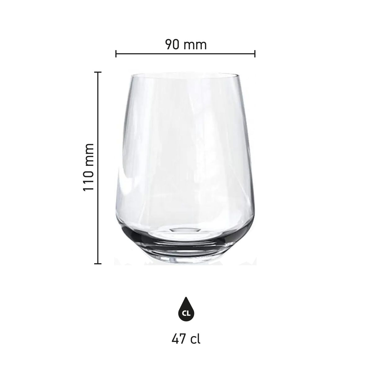Infographic toont hoogte en diameter van het Mencia whiskyglas 47 cl met glasdetails.