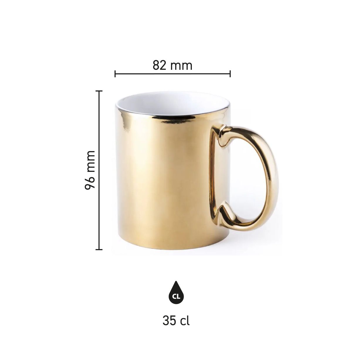 Infographic with dimensions mug Jasper 35 cl., porcelain in gold or silver with engraving.