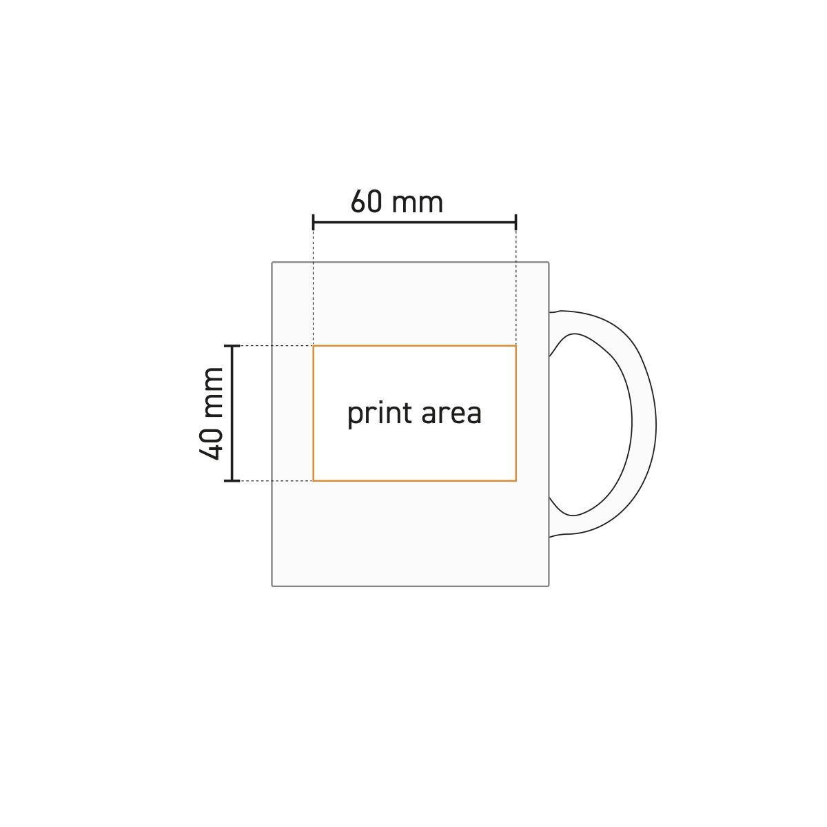 Technical working drawing of mug Kulmer 35 cl. with indication of printing area for engraving.