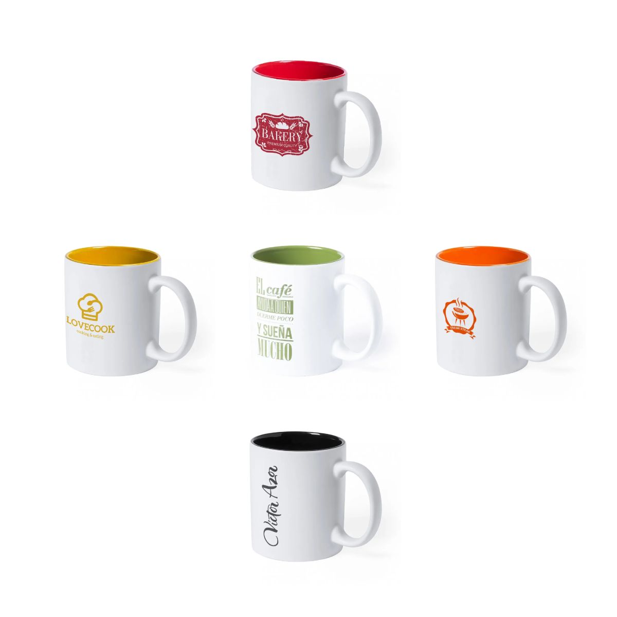 Overview of colour variations of mug Kulmer 35 cl. porcelain with engraving and coloured inside.