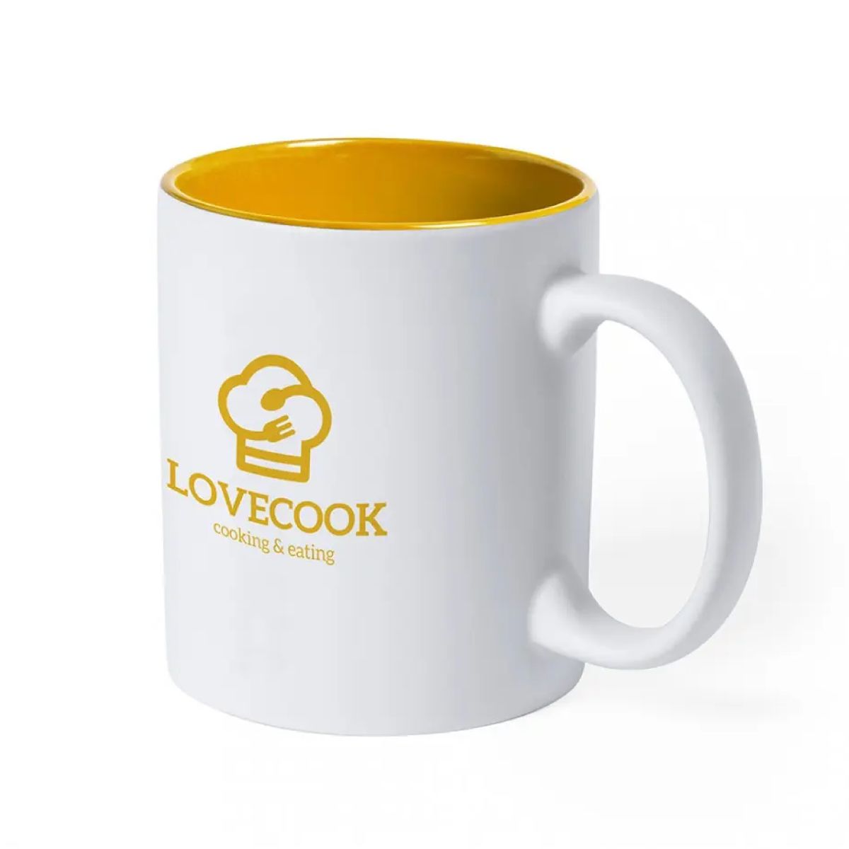 Front view of mug Kulmer 35 cl. with engraving and a yellow interior.