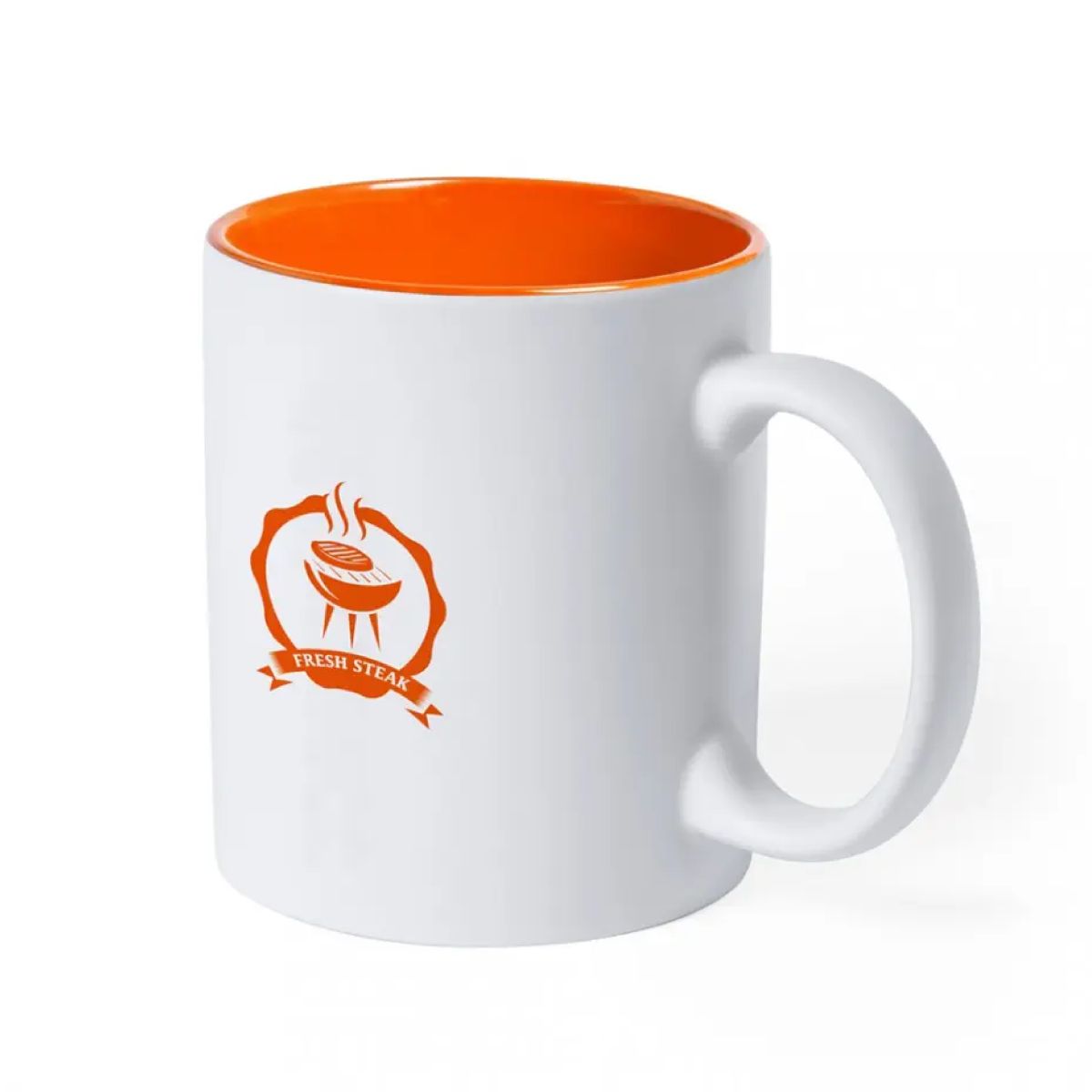 Front view of mug Kulmer 35 cl. with engraving and an orange interior.