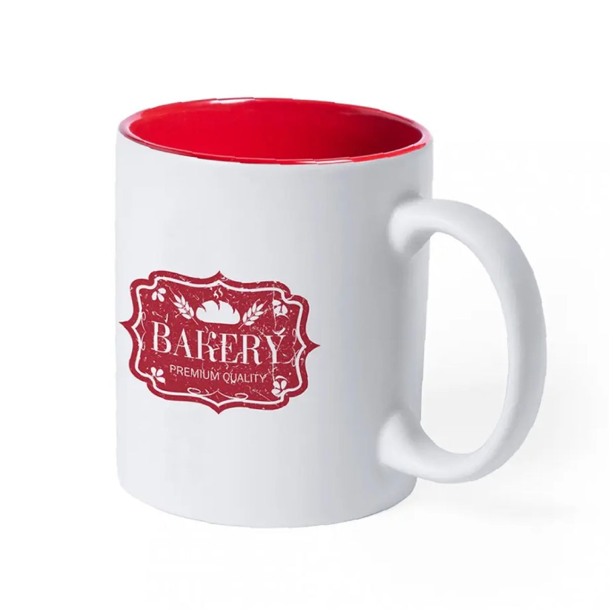 Front view of mug Kulmer 35 cl. with engraving and a red interior.