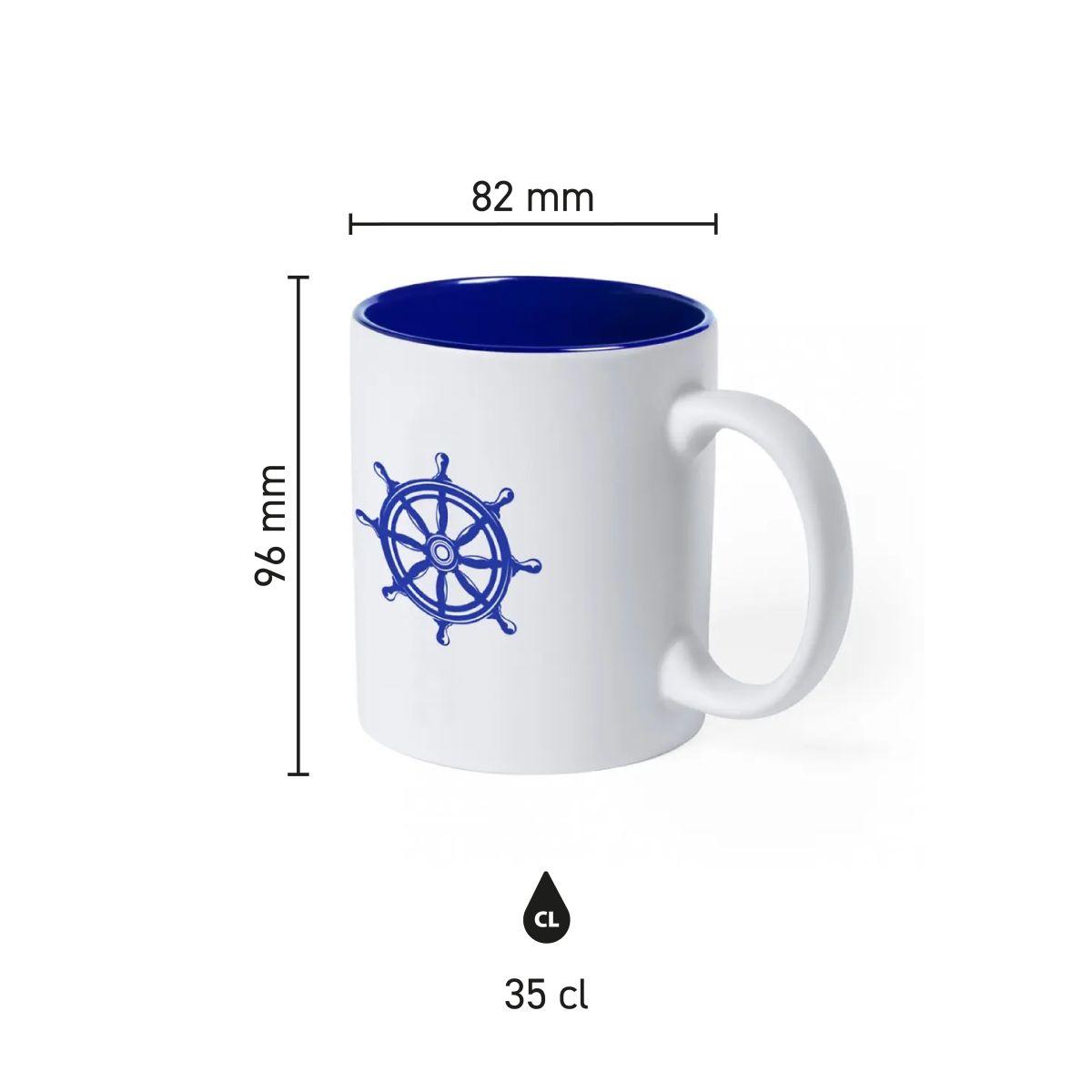 Infographic shows dimensions of mug Kulmer 35 cl, porcelain model with coloured inside.