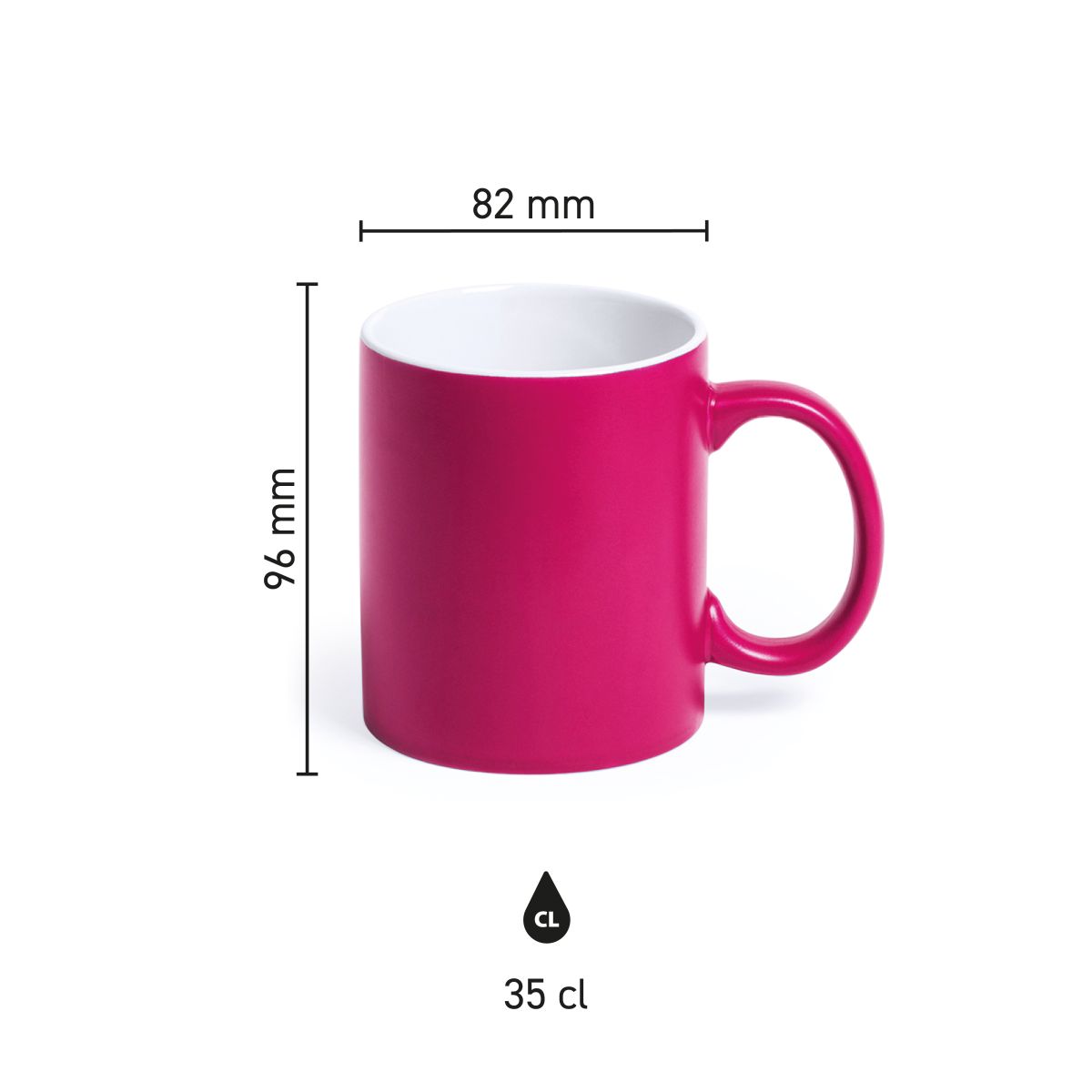 Infographic shows product dimensions of mug Lisa 35 cl. porcelain with coloured exterior.