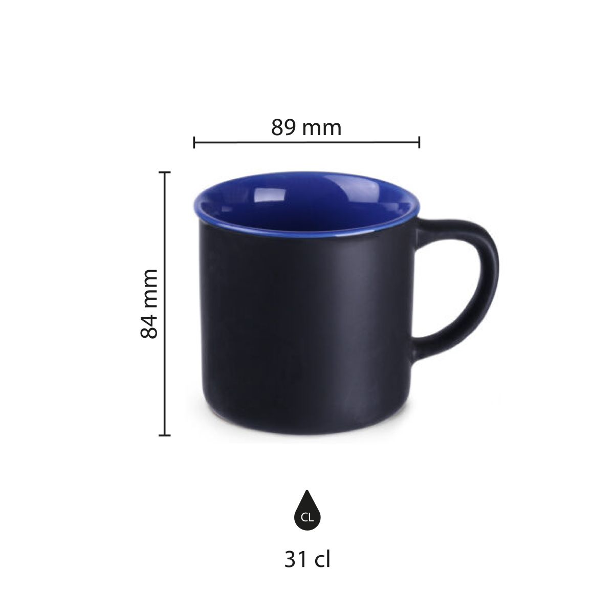 Afbeelding toont de precieze maten van de mok Loft Supreme 31 cl., weergegeven als infographic.