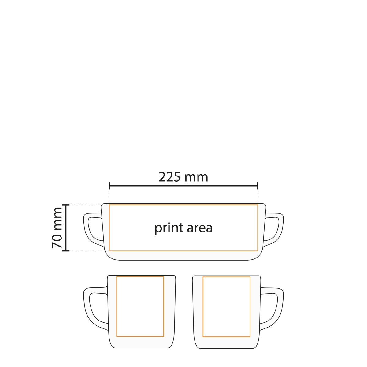 Technical working drawing of mug Rico Supreme 25 cl with marked printing area for logo imprint.