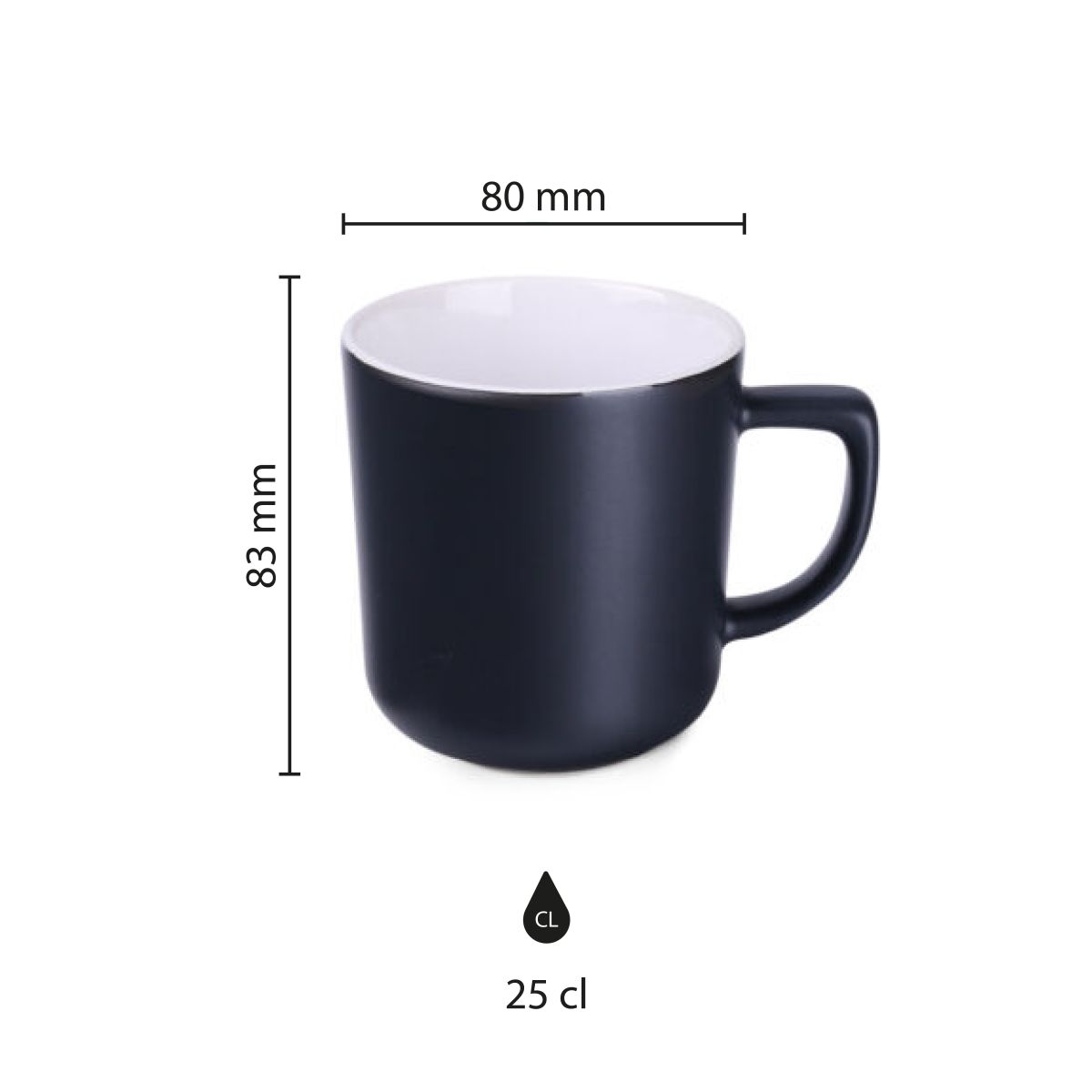 Infographic shows product dimensions of ceramic mug Rico Supreme 25 cl. from multiple angles.