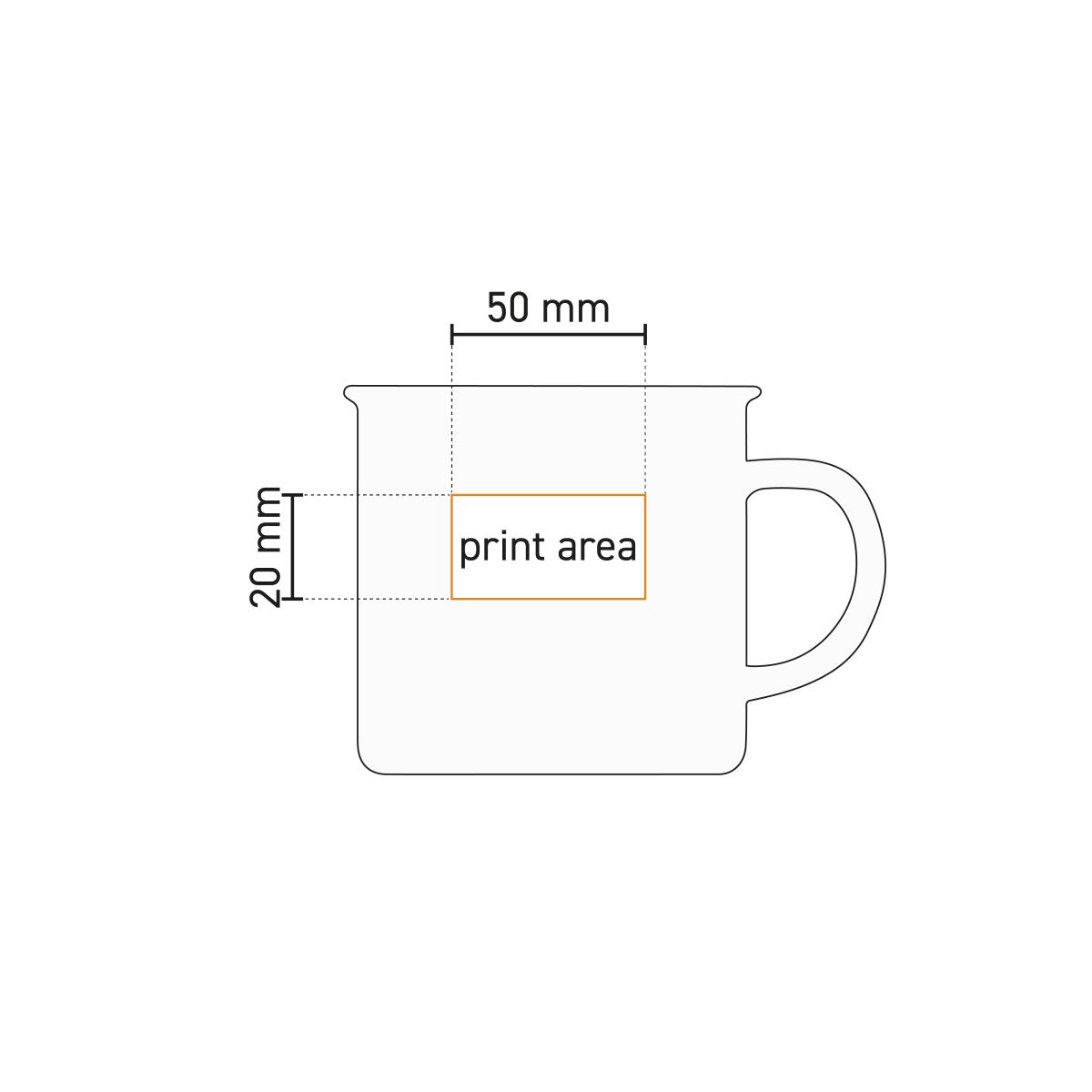 Technical working drawing shows the printing area on mug Sinora 30 cl porcelain.