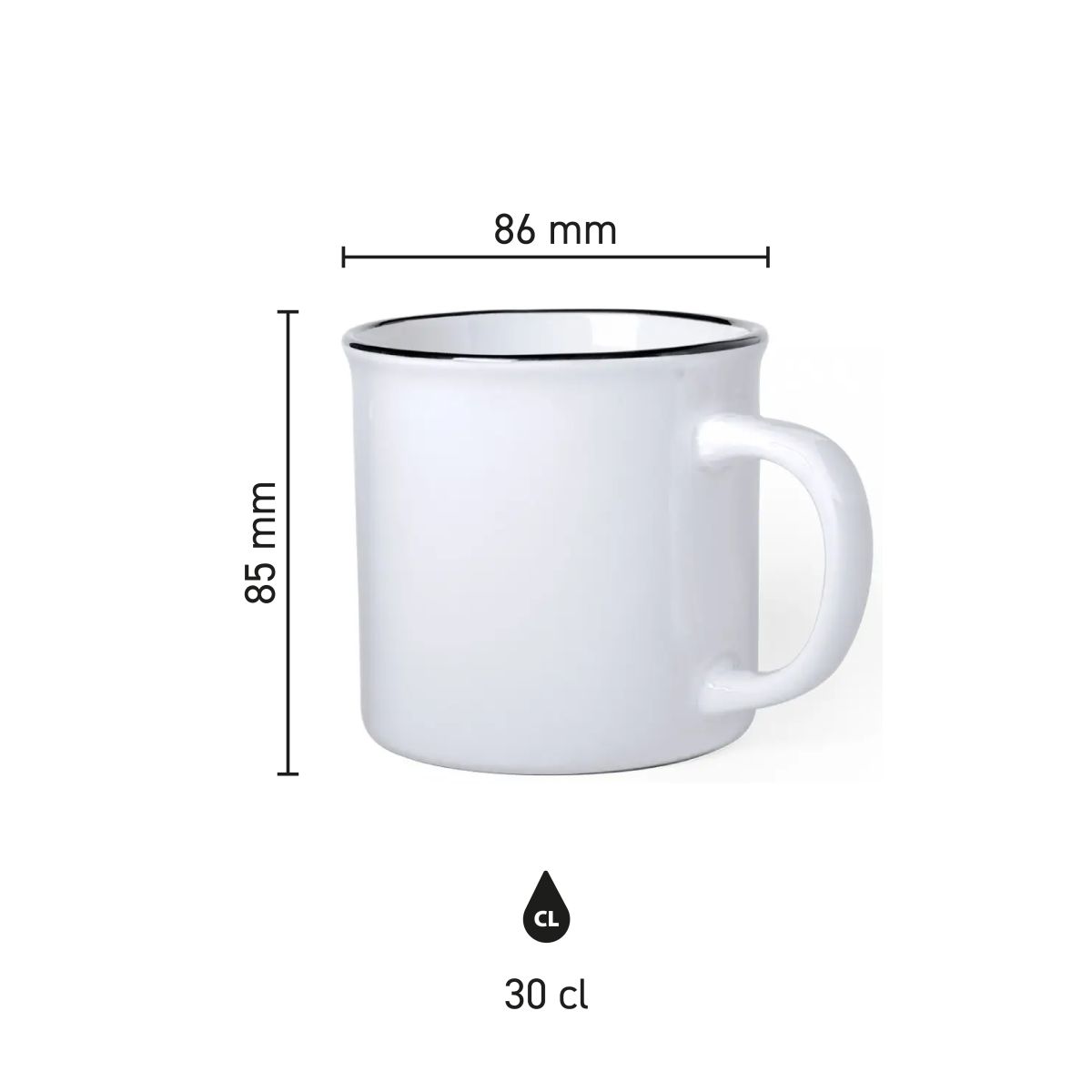 Infographic showing dimensions of mug Sinora 30 cl. including height, diameter and capacity.