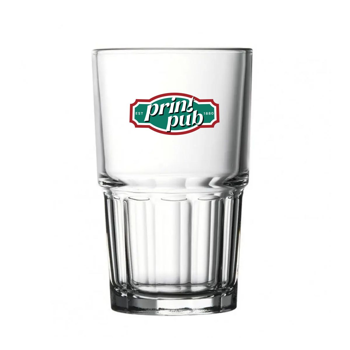 Next Longdrink Stack glass 28.4 cl with multicoloured PrintPub logo on the front.