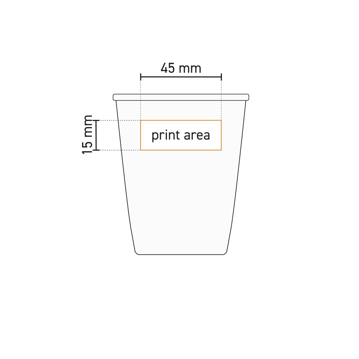 Technische werktekening met weergave van drukgebied op papercup porselein 24 cl.