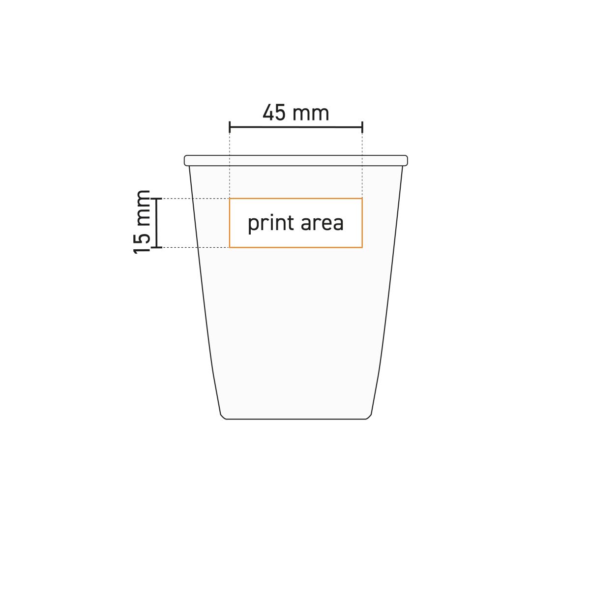 Technical working drawing with printing area marked on papercup porcelain 35 cl.