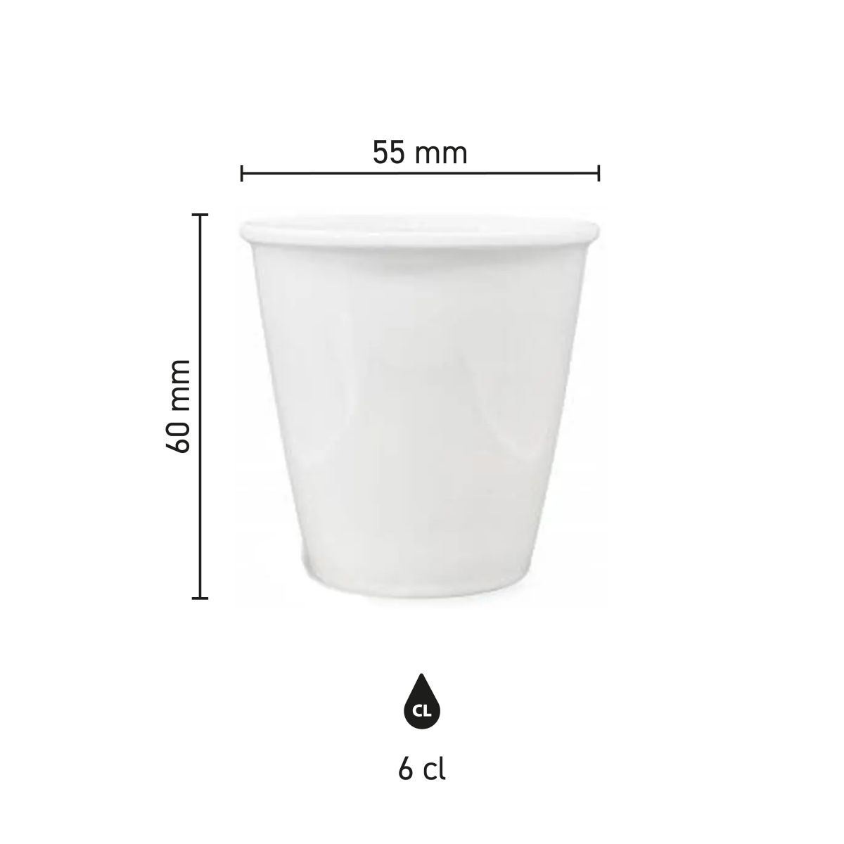 Infographic shows dimensions of paper cup porcelain 6 cl. including height and diameter.