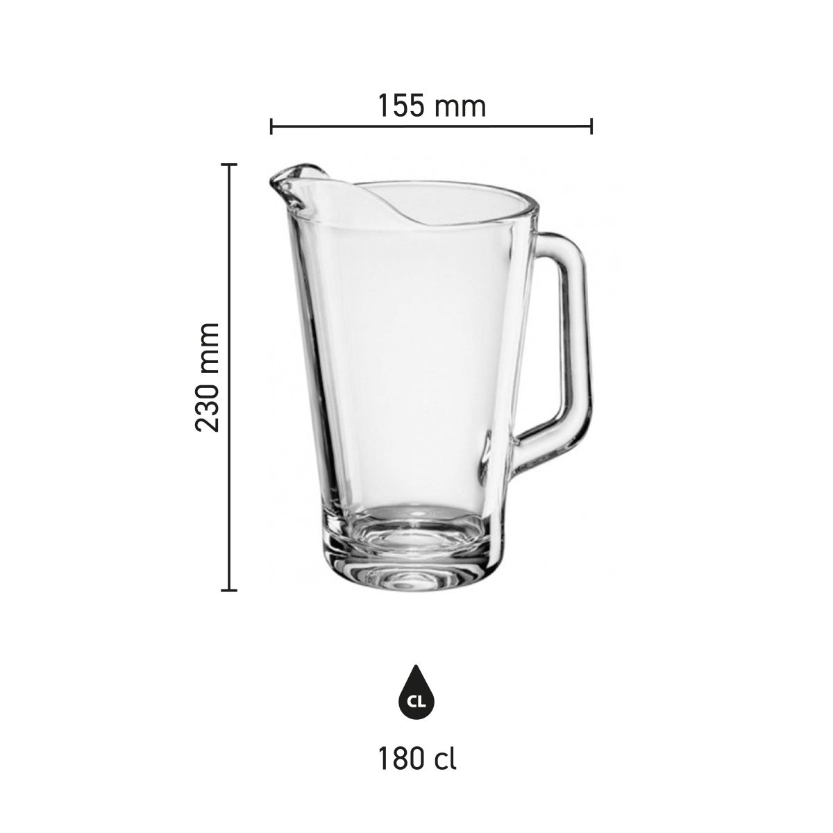 Infographic met productafmetingen van de Pitcher Conic 1,8 liter glas, inclusief hoogte en inhoud.