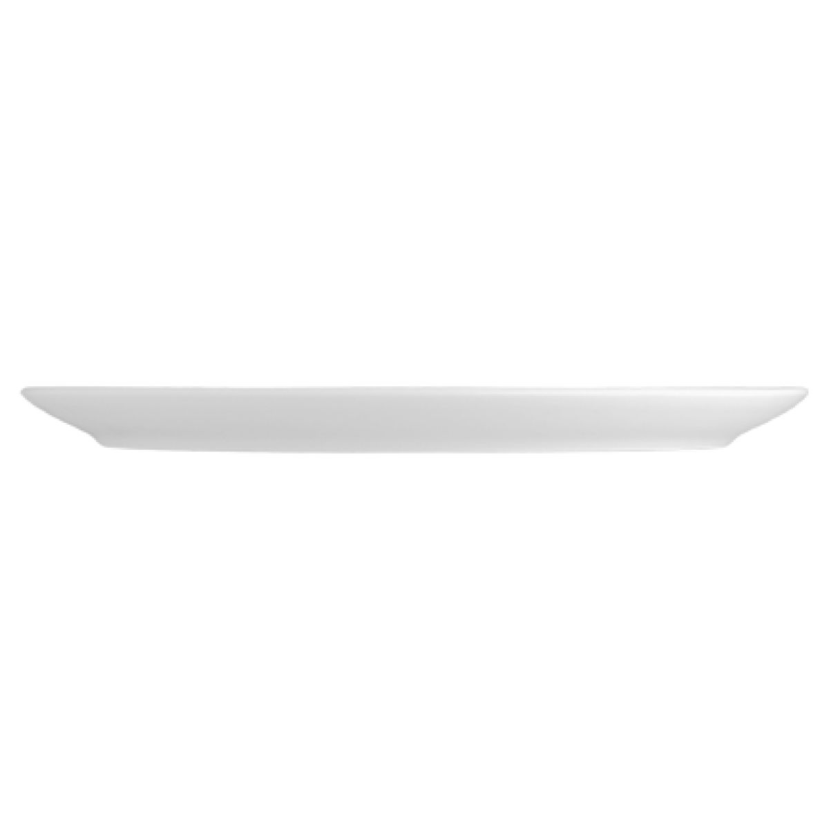 Zijkant van het porseleinen pizzabord Isabelle 34 cm met lage, licht opstaande rand en glad profiel.