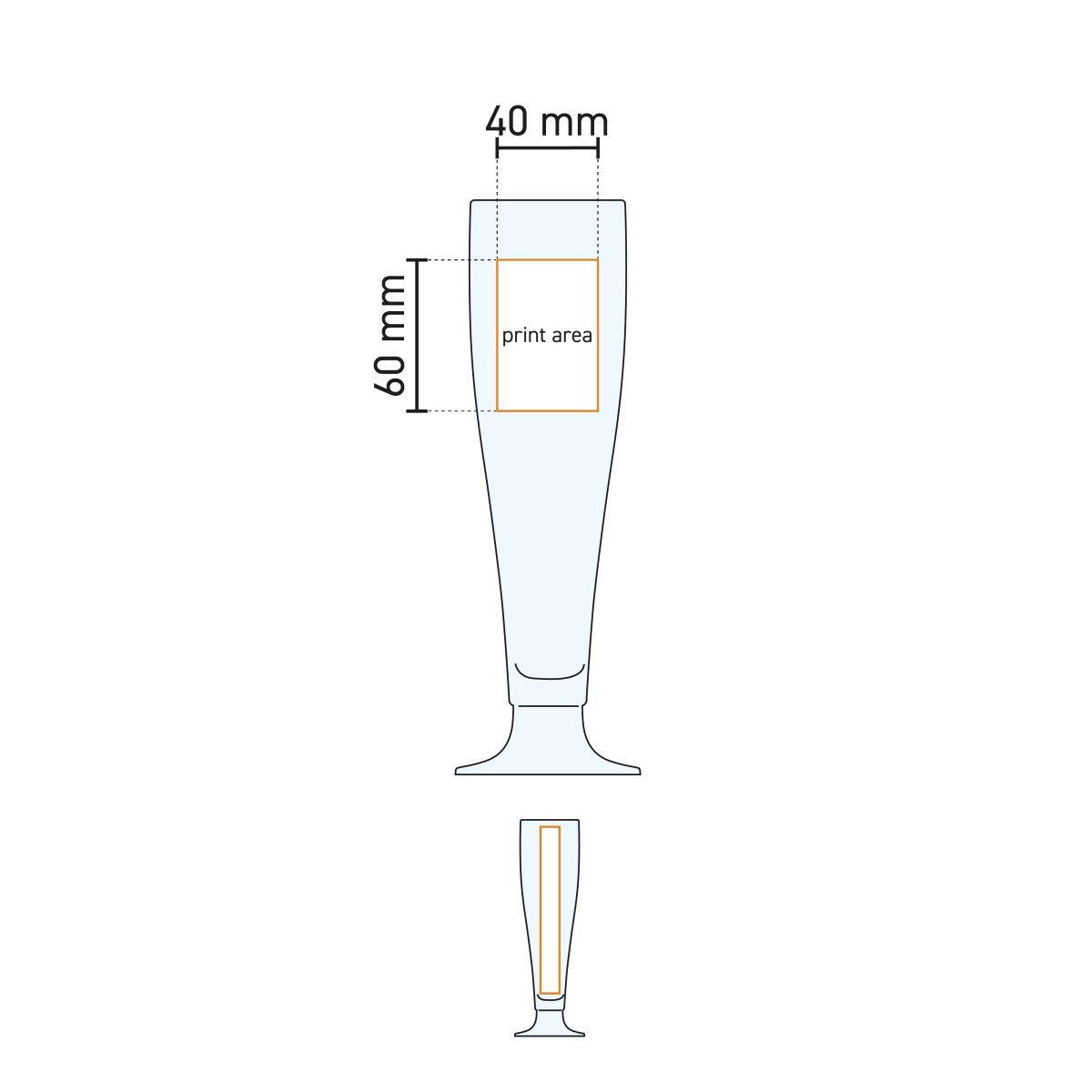 Technische werktekening van de Prelude Tulpe 30 cl tapmaat glas met drukgebied-aanduiding
