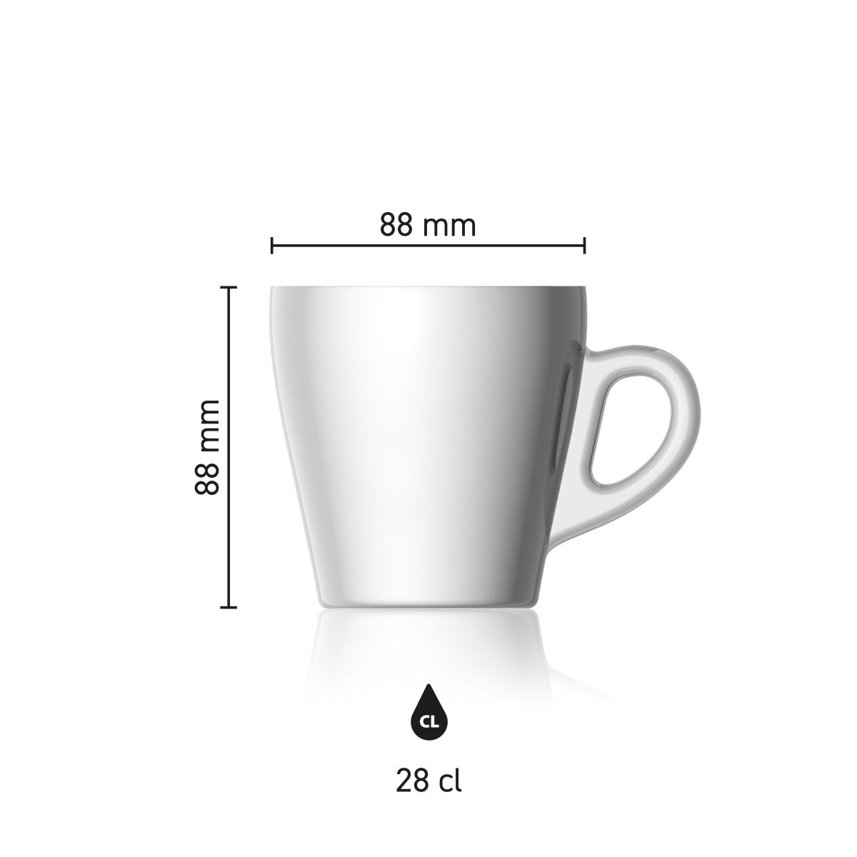 Dimensions of the Pura Cappuccino Cup 28 cl. showing height, diameter and capacity in an infographic