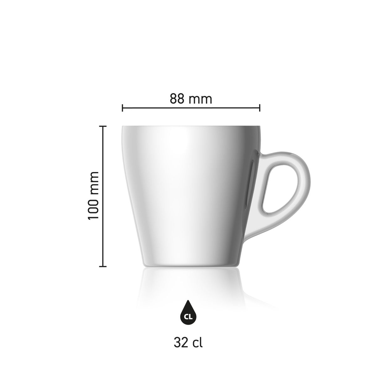 Dimensions of the Pura Coffee Cup 32 cl. showing height, diameter and capacity in an infographic