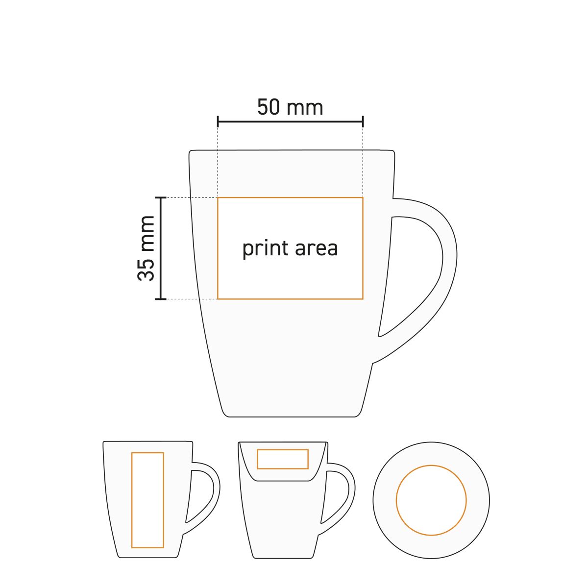 Technical working drawing with printing area for Robusta mug 18 cl porcelain.