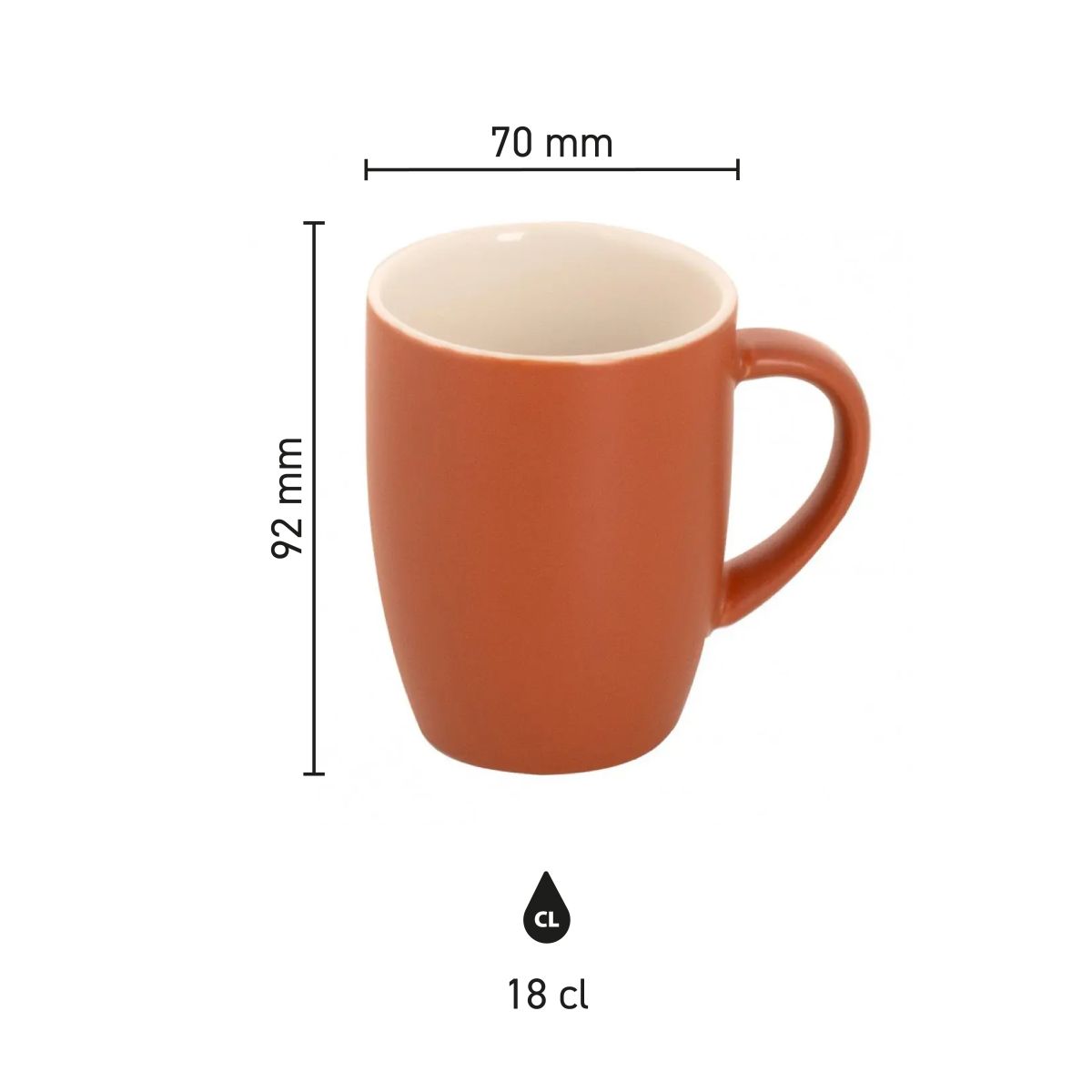 Infographic showing product dimensions of Robusta mug 18 cl. in matt brown porcelain.