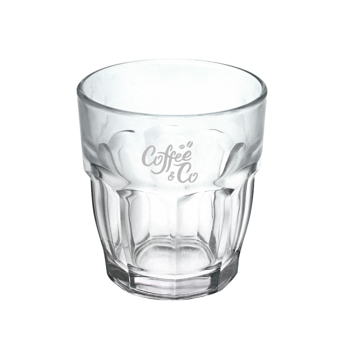 Rockbar Tumbler glass of 20 cl with CoffeeCo logo engraved on the front, visible in fine matt finish.