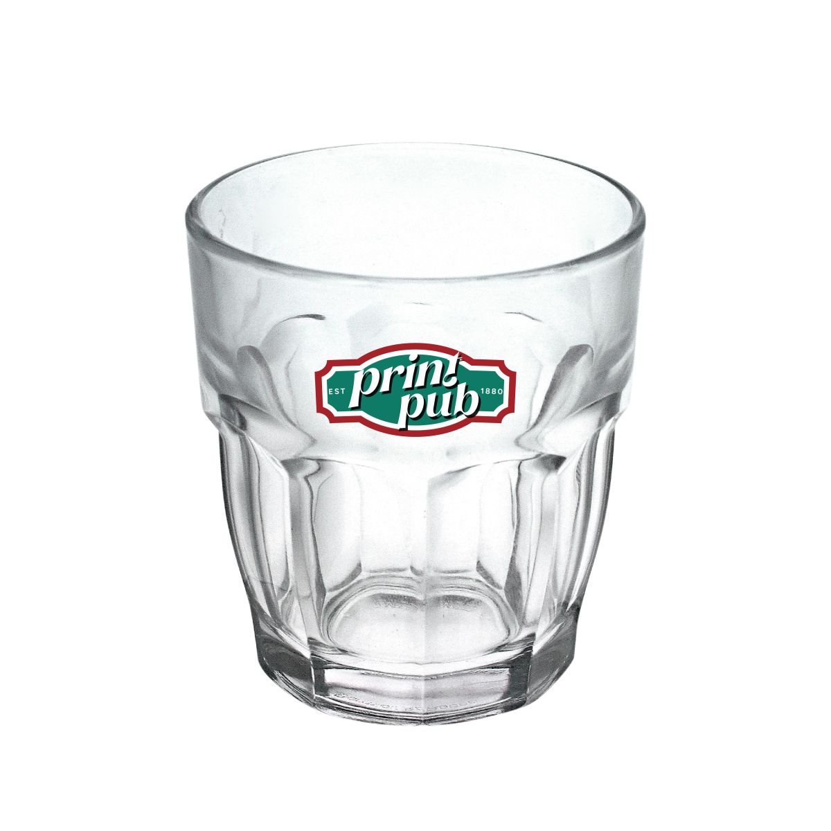 Rockbar Tumbler glass of 20 cl with multi-coloured PrintPub logo on the front, printed in two to four colours.