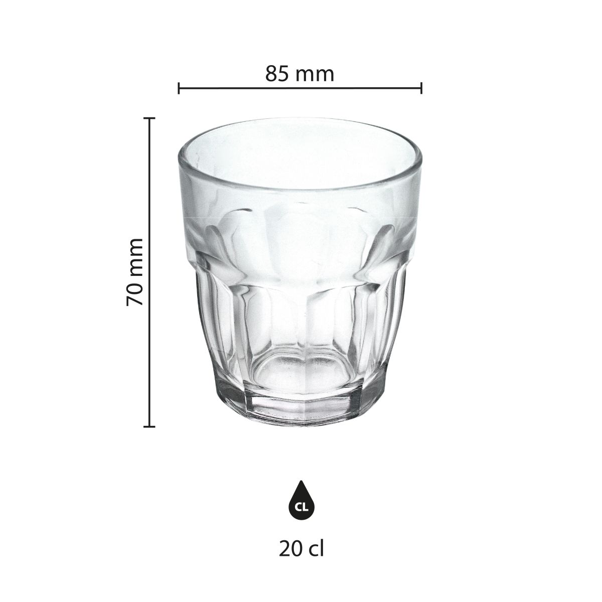 Infographic shows dimensions of the 20-cl Rockbar Tumbler glass, including height and diameter in millimetres.