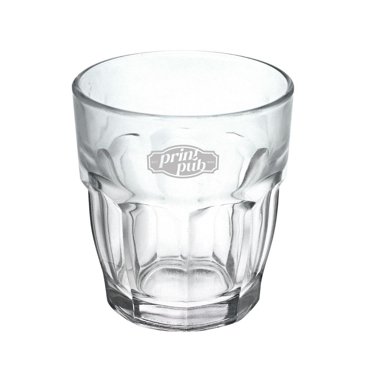 Rockbar Tumbler glass 27 cl. with engraved PrintPub logo visible on the front.