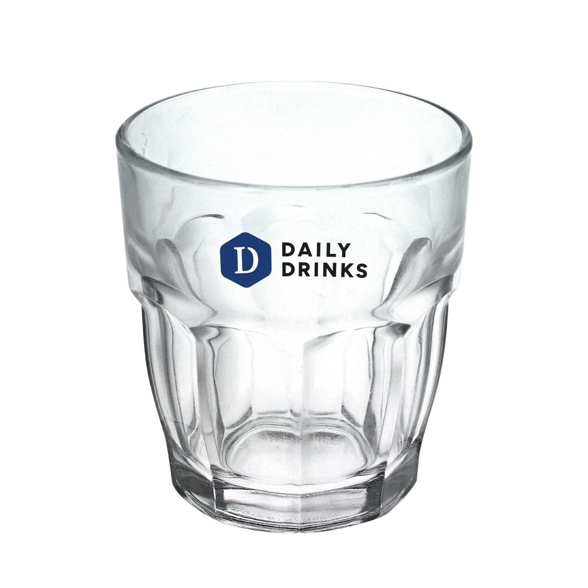 Front view Rockbar Tumbler glass 27 cl with multi-coloured DailyDrinks logo on the centre.