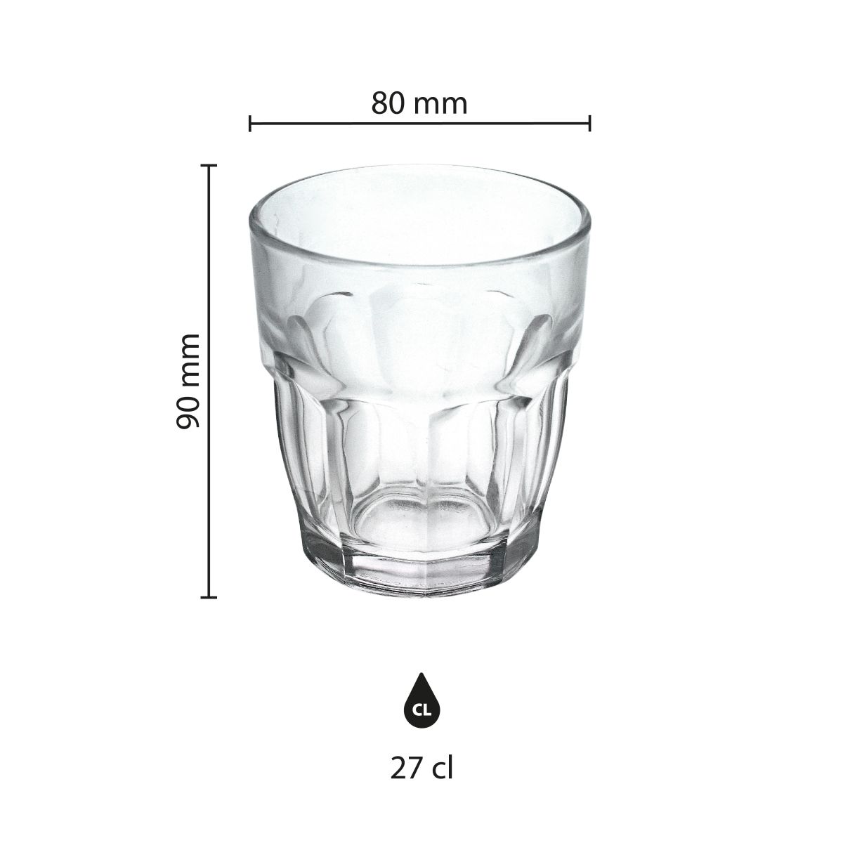 Infographic of Rockbar Tumbler glass 27 cl with indicated product dimensions in centimetres.