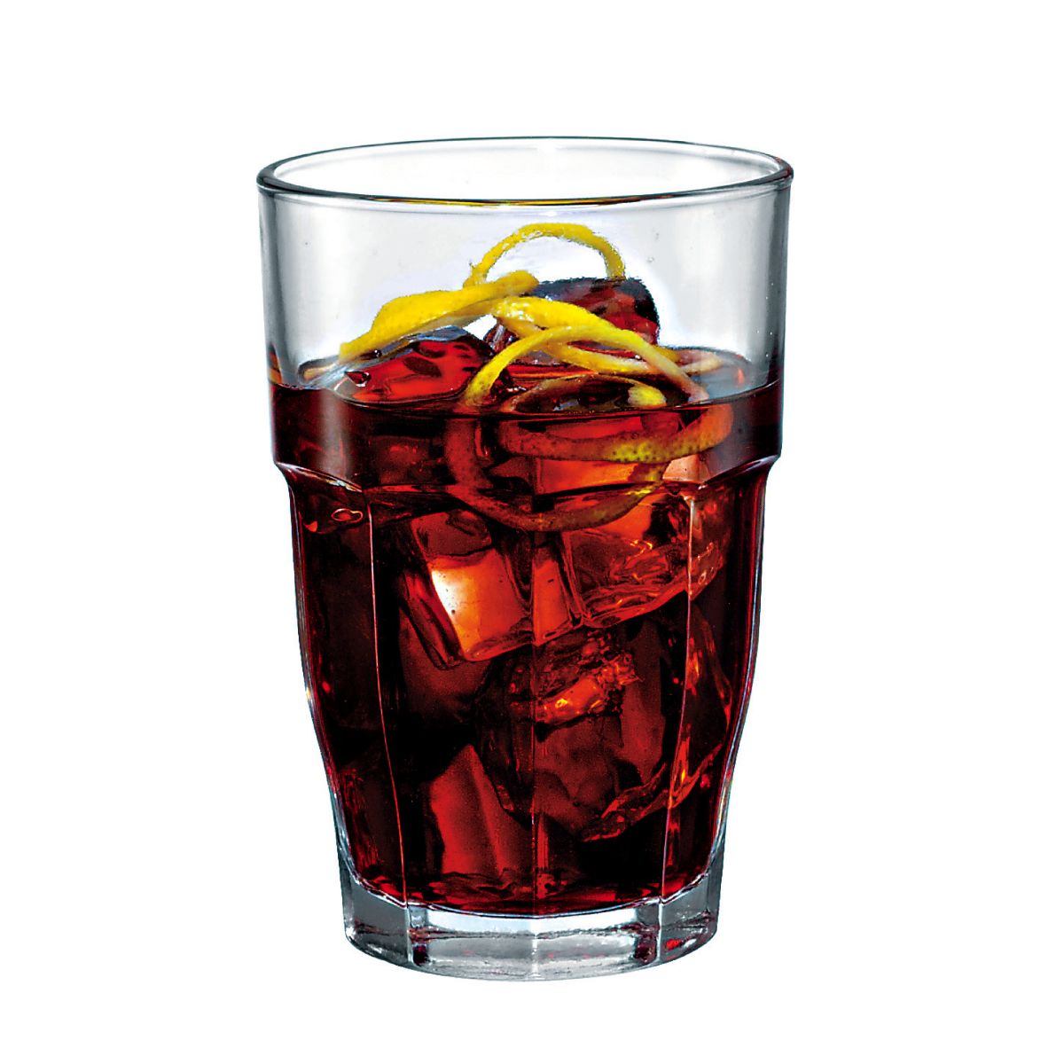 Rockbar Tumbler glass 37 cl visibly filled, set against white background.
