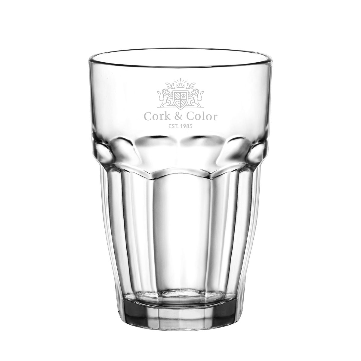 Rockbar Tumbler glass 37 cl with fine engraving of CorkColor logo on glass wall.