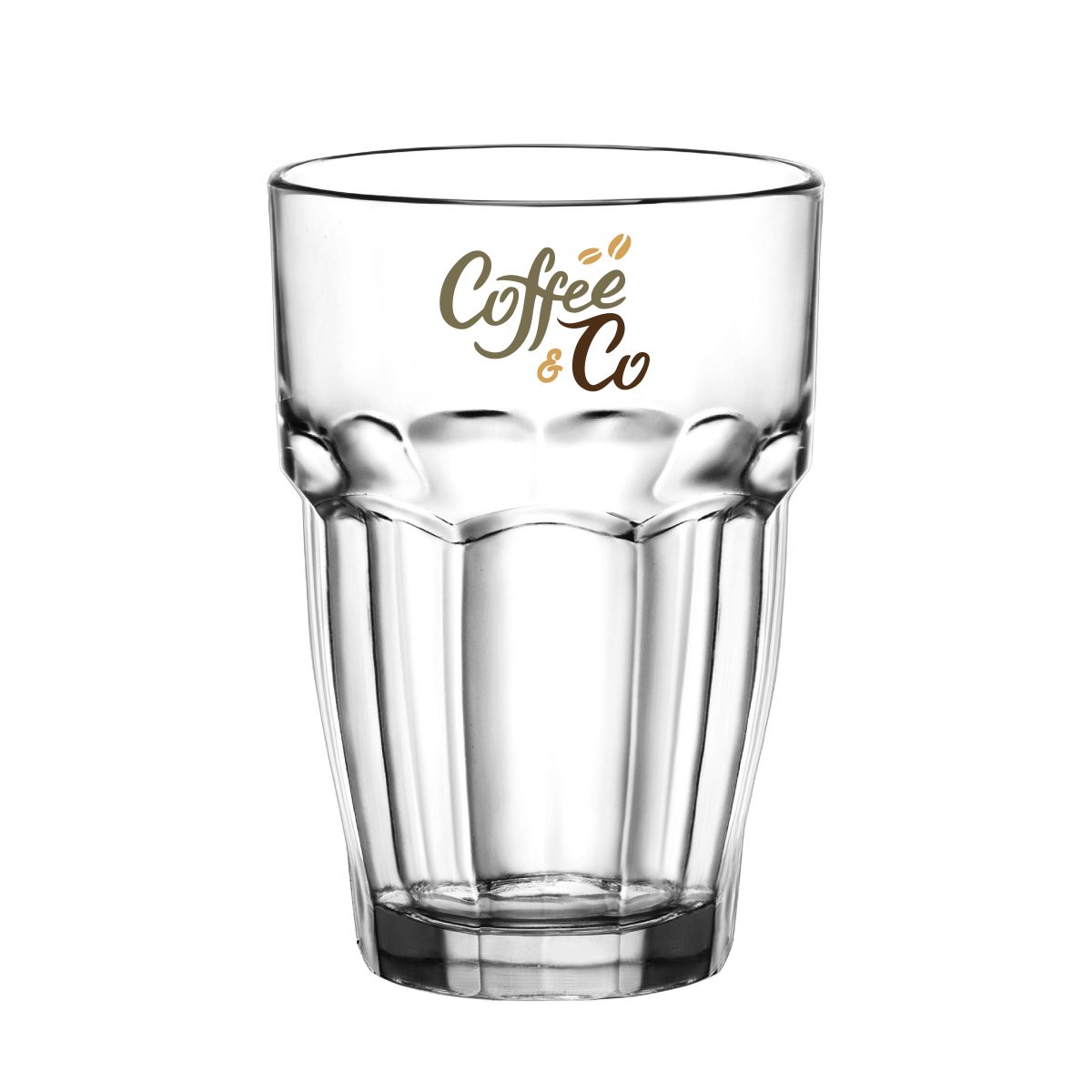 Rockbar Tumbler glass 37 cl features multi-coloured CoffeeCo logo on front.