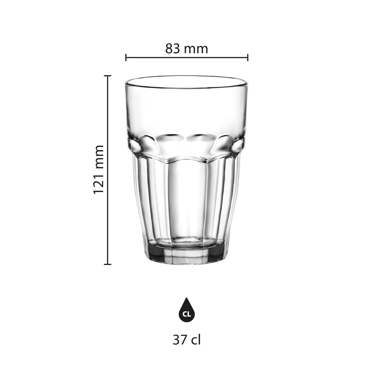 Infographic showing product dimensions of Rockbar Tumbler glass 37 cl.
