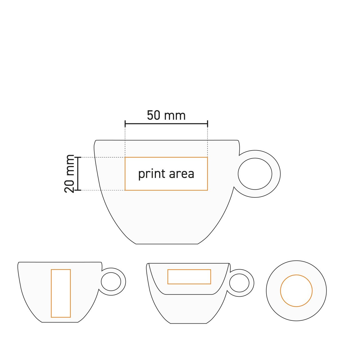 Technical working drawing of Rondo Cappuccino 20 cl. SET porcelain with pressure area indication.