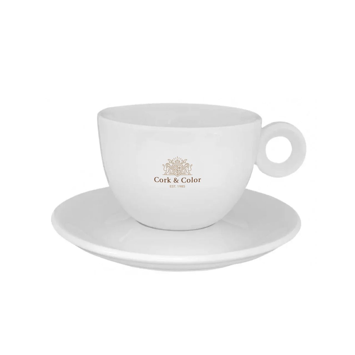 Rondo Cappuccino 20 cl. porcelain set with multi-coloured CorkColor logo visible on the front surface.