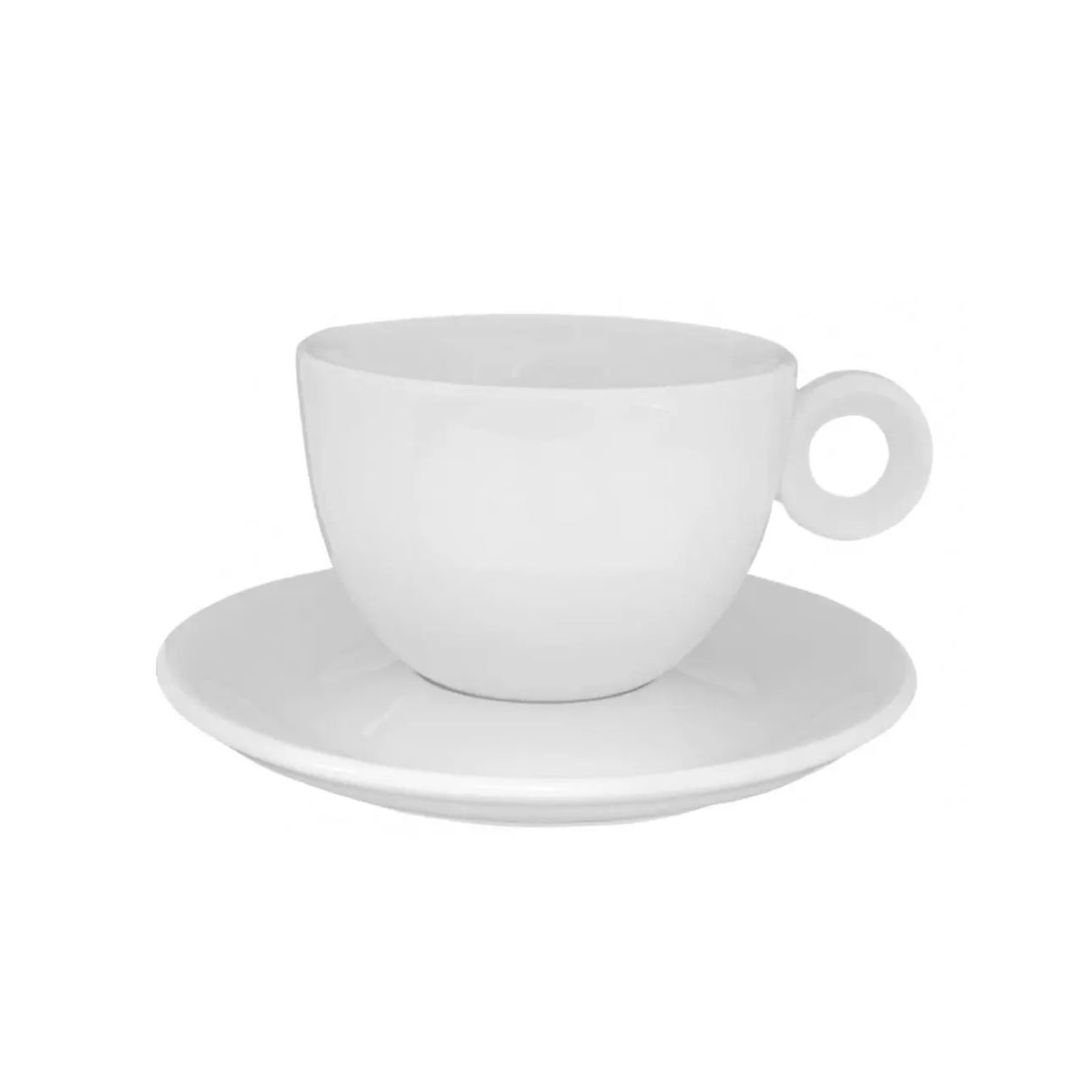 Witte porseleinen Rondo cappuccinoset 20 cl. met kop en schotel recht van voren afgebeeld. Witte porseleinen Rondo cappuccinoset 20 cl. met kop en schotel recht van voren afgebeeld.