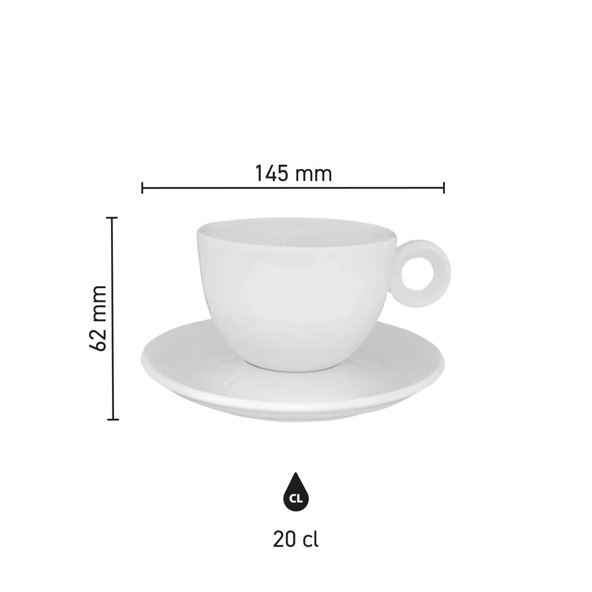 Detailed infographic with dimensions of cup and saucer of the Rondo Cappuccino 20 cl. set.