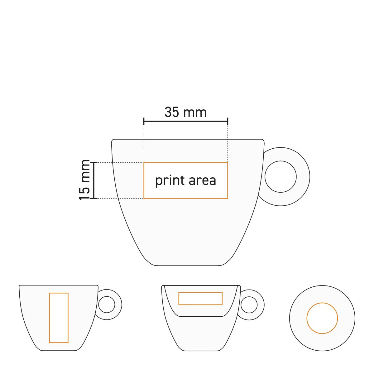 Technische werktekening van Rondo Espresso 8 cl. porselein met gemarkeerd drukgebied op het oppervlak.