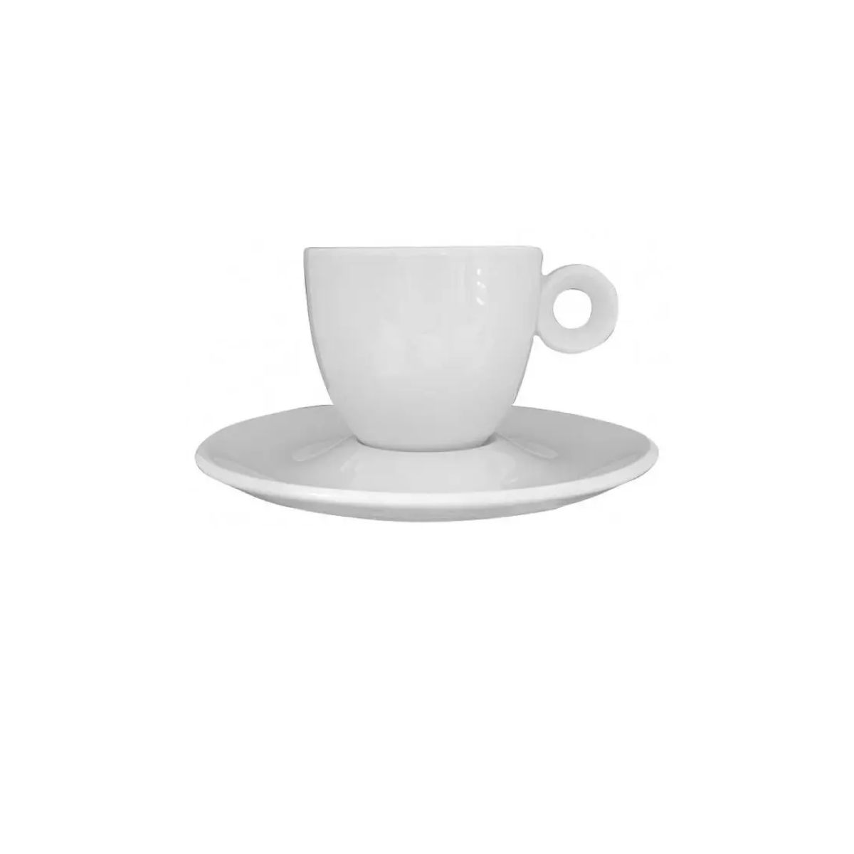 Vooraanzicht van witte Rondo Espresso 8 cl. porseleinen set met compacte kop en bijpassende schotel. Vooraanzicht van witte Rondo Espresso 8 cl. porseleinen set met compacte kop en bijpassende schotel.
