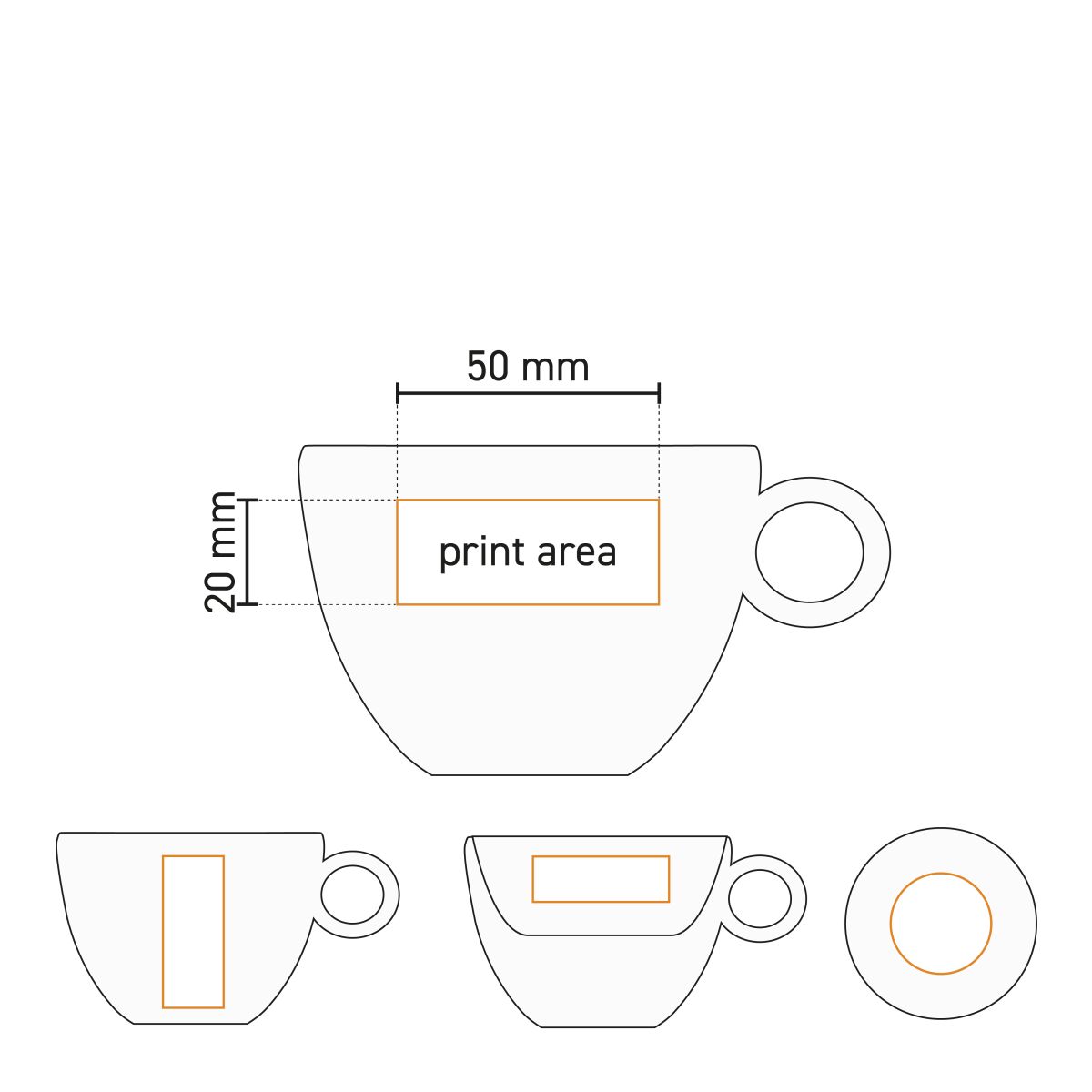 Technical working drawing with printing area of Rondo Coffee 15 cl. SET porcelain clearly marked.