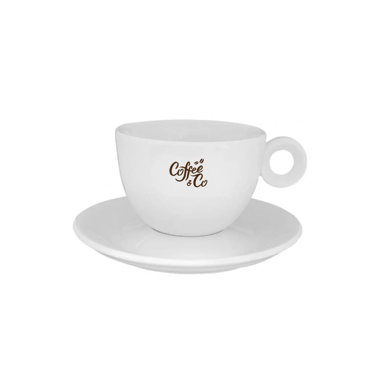 Rondo Coffee 15 cl. porcelain set with CoffeeCo logo in one colour on the front of the coffee cup.
