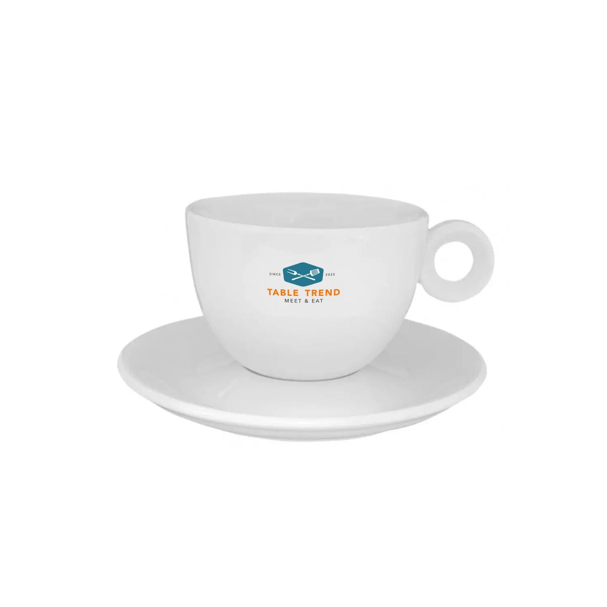 Front view of porcelain coffee set Rondo 15 cl. with multi-coloured TableTrend logo on the cup.