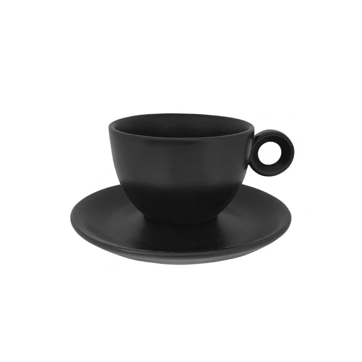 Matt black Rondo porcelain coffee cup 15 cl, shown together with saucer in front view.