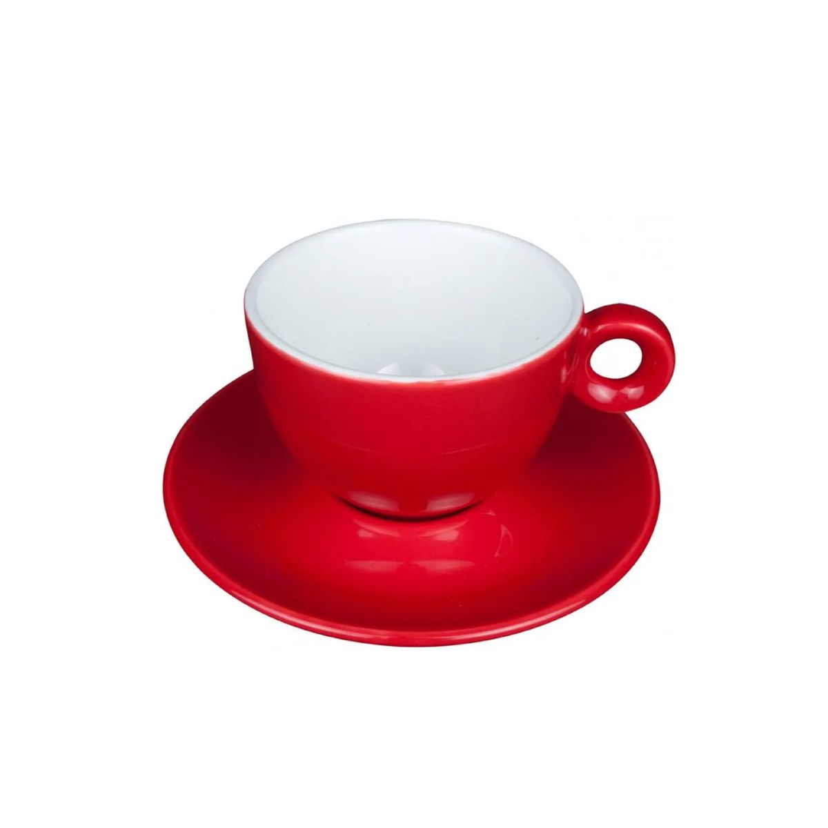 Red and white Rondo porcelain coffee cup 15 cl, shown together with saucer in front view.