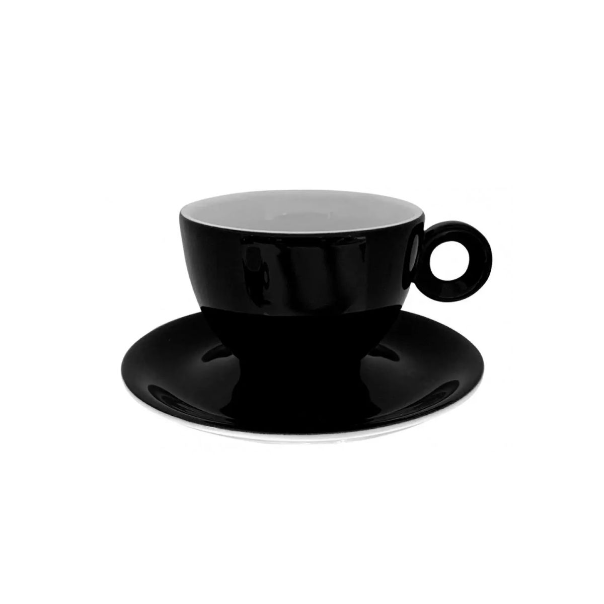 Black and white Rondo porcelain coffee cup 15 cl, shown together with saucer in front view.
