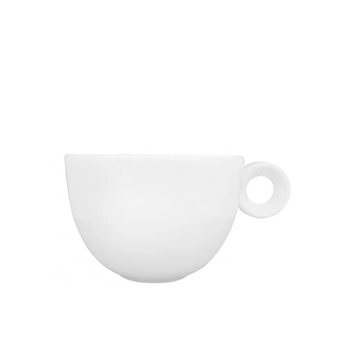 Front view of white porcelain Rondo Coffee Cup 15 cl. with round shape and classic handle.
