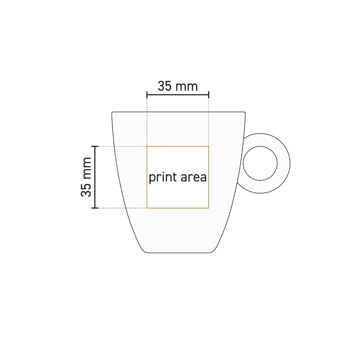 Technical working drawing indicating the printing area on the Rondo mug 19 cl. porcelain.