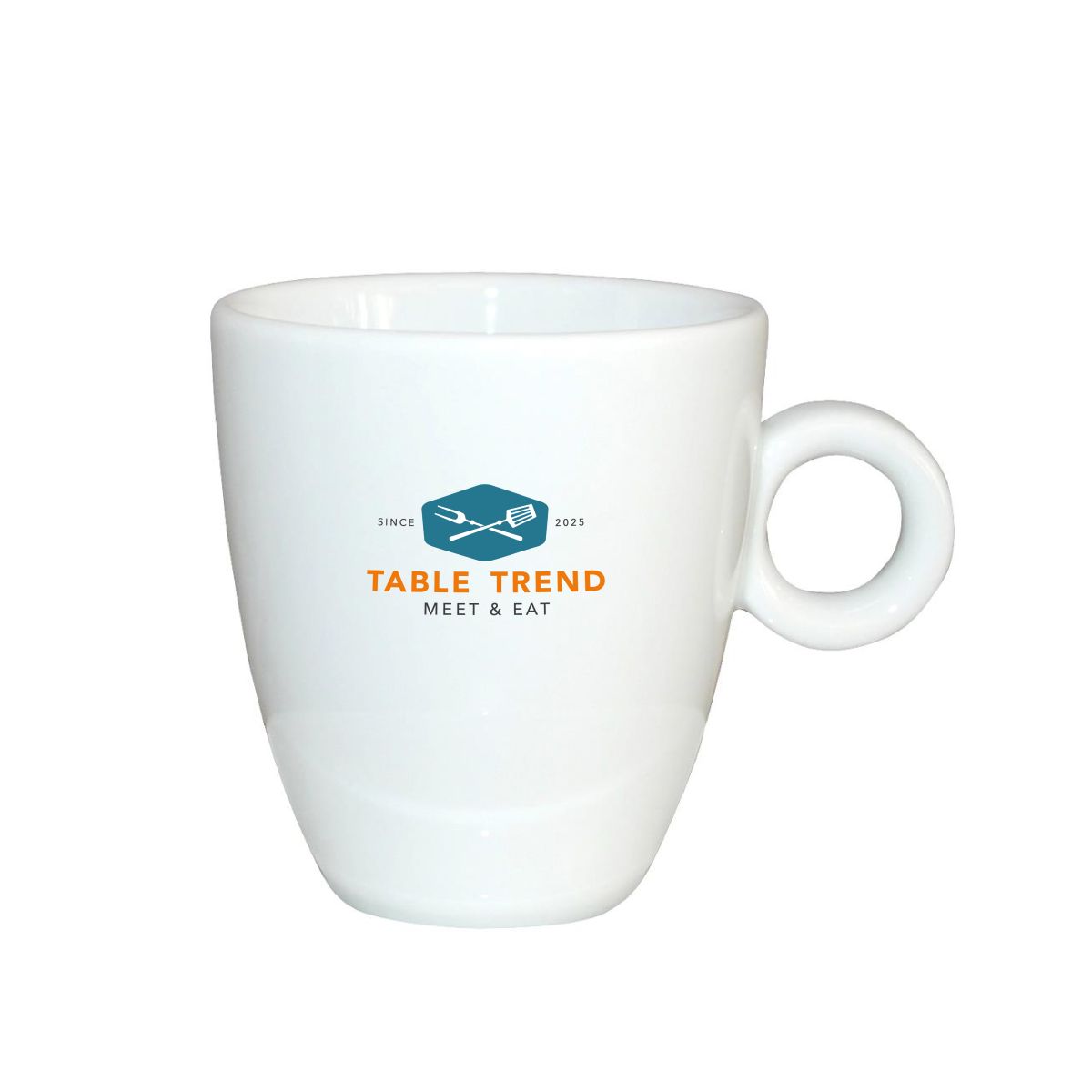 Rondo mug 19 cl. with multicoloured TableTrend logo on the front surface of the porcelain.